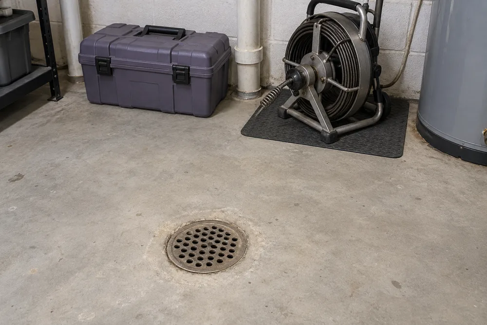 Dry basement floor drain and service equipment